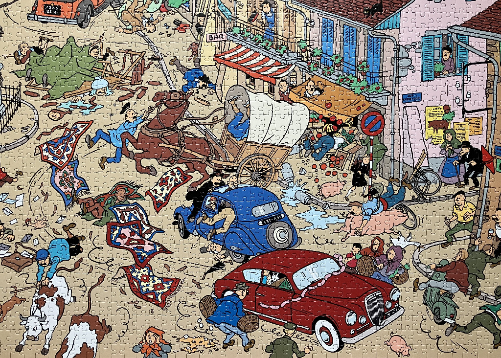 A chaotic, vibrant street scene illustration with a horse-drawn cart, vintage cars, and tumbling townspeople.