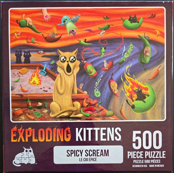 Surreal illustration of a shocked cat in a litter box surrounded by flying peppers and hot sauce.