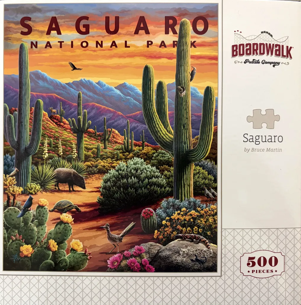 Artistic illustration of Saguaro National Park with cacti, desert wildlife, and a vibrant sunset.