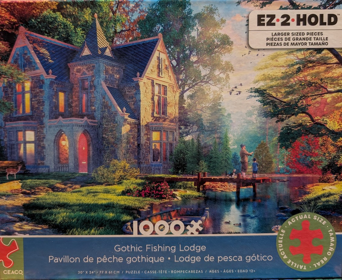 Gothic stone house by a pond at sunset with a man and child fishing from a wooden dock.