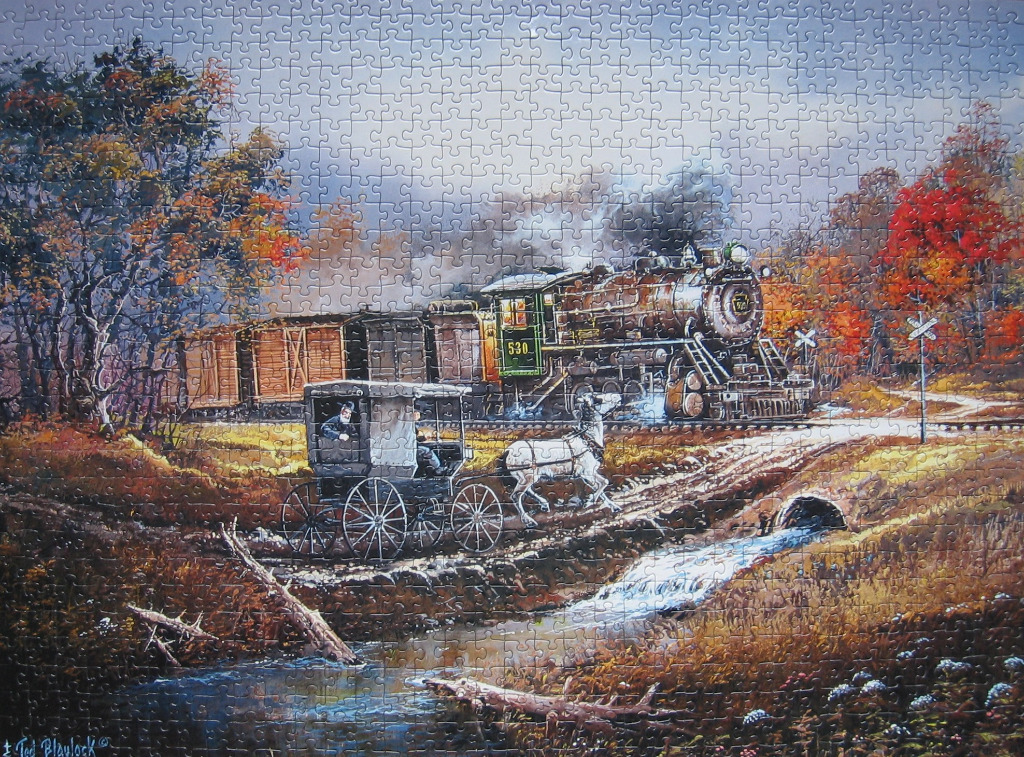 An oil-style painting of a steam locomotive and a horse-drawn carriage in an autumn landscape.