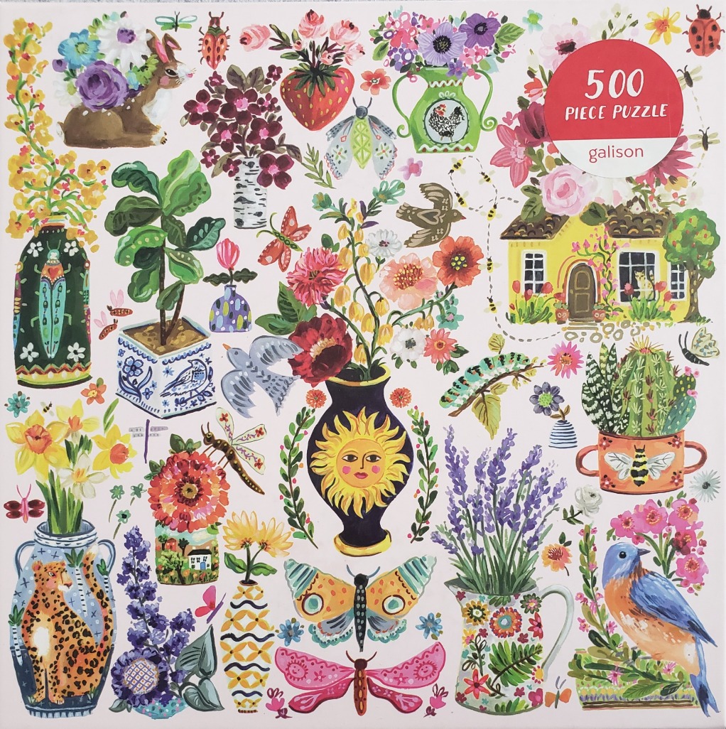 A whimsical collection of botanical illustrations, vases, garden creatures, and a small cottage on a white background.