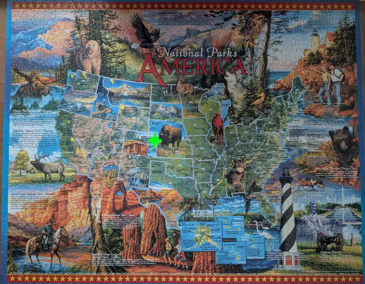 A colorful map illustration of the United States featuring national parks and wildlife.