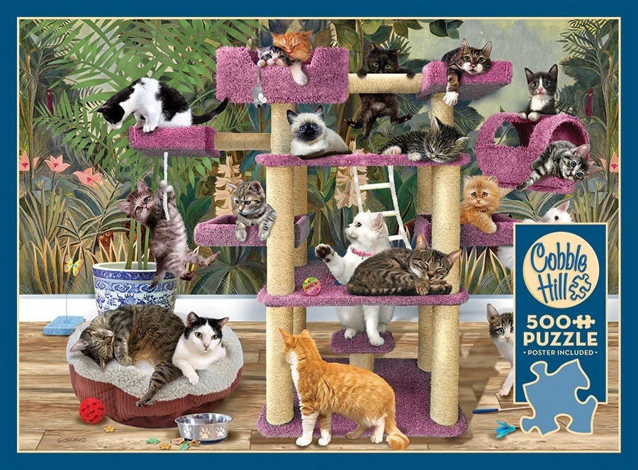 Numerous kittens playing on a large pink and beige cat tree in front of a botanical wallpaper background.