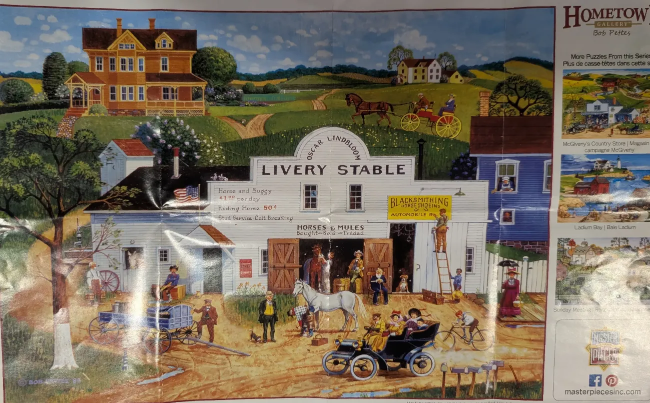 A detailed painting of an early 20th-century town square with a livery stable, houses, people, and horses.