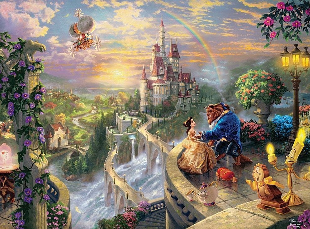 Belle and the Beast standing on a balcony overlooking a fairytale castle at sunset