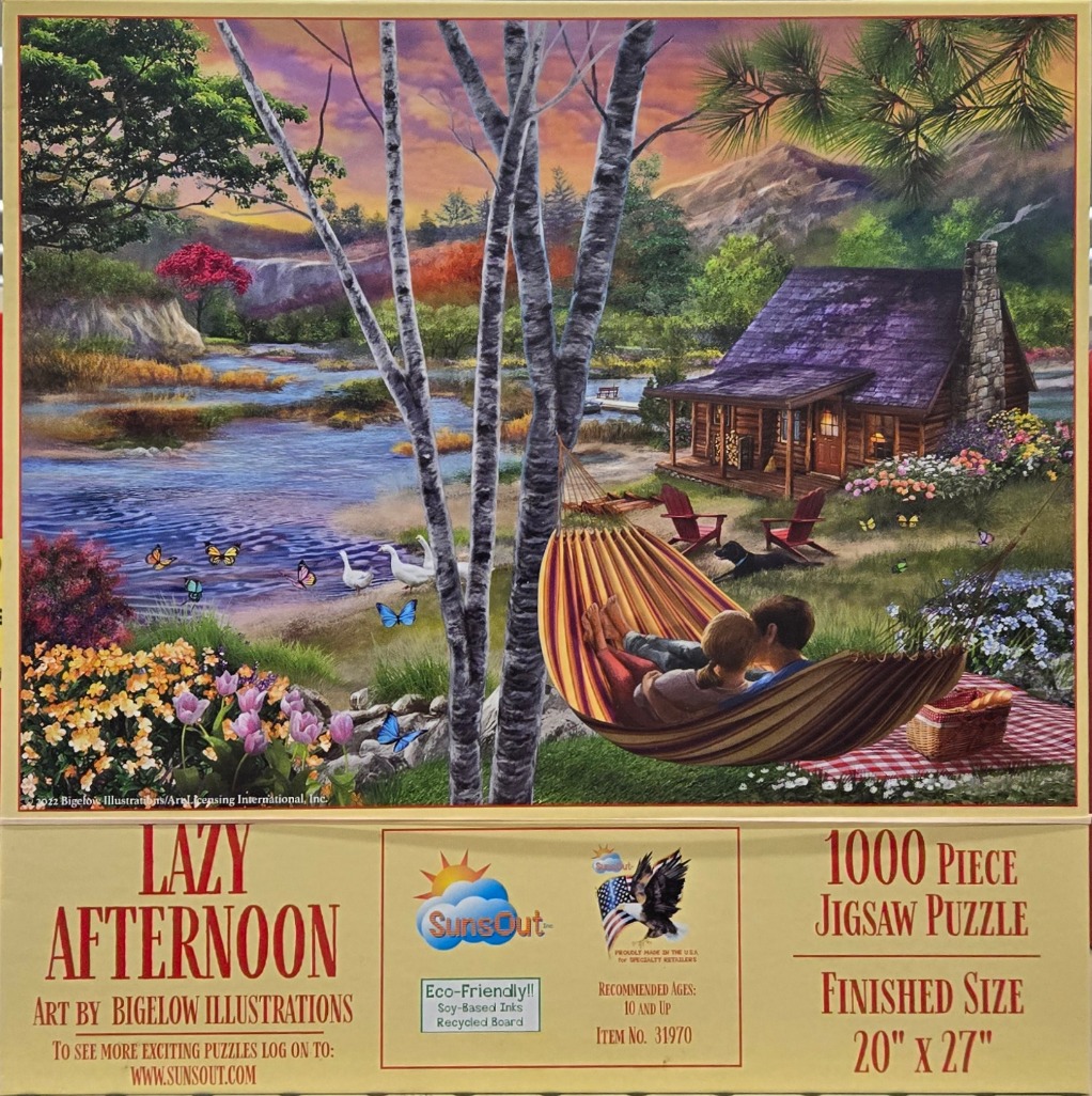 Illustration of two people relaxing in a hammock by a stream, with a log cabin, mountains, and butterflies nearby.