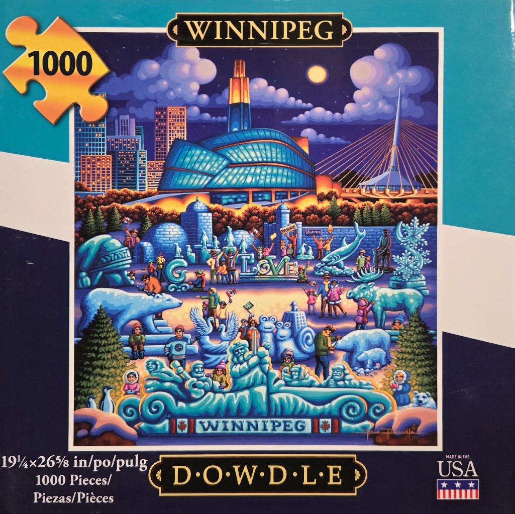 A whimsical folk-art illustration of the Winnipeg skyline at night, featuring frozen sculptures and winter festivities.