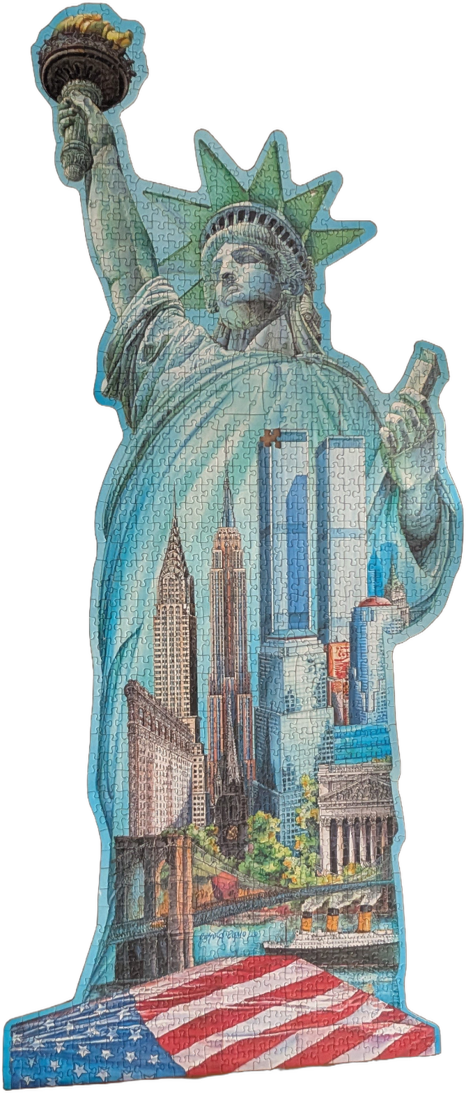 A shaped collage featuring the Statue of Liberty superimposed with a New York City skyline and an American flag.
