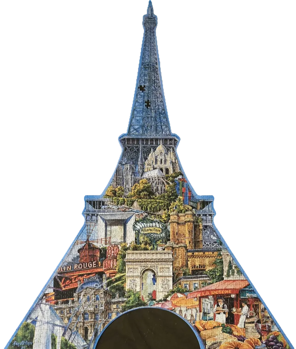 A shaped collage illustration of iconic Parisian landmarks framed within the silhouette of the Eiffel Tower.