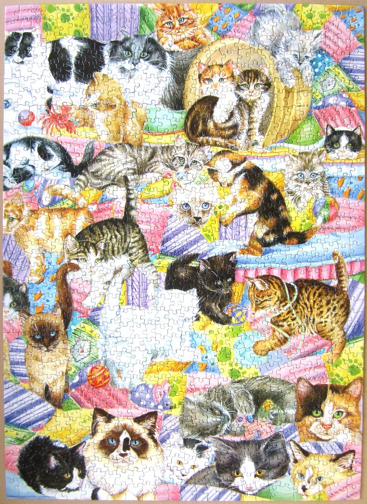 A whimsical illustration of many colorful kittens playing and lounging on a quilted, patterned background.