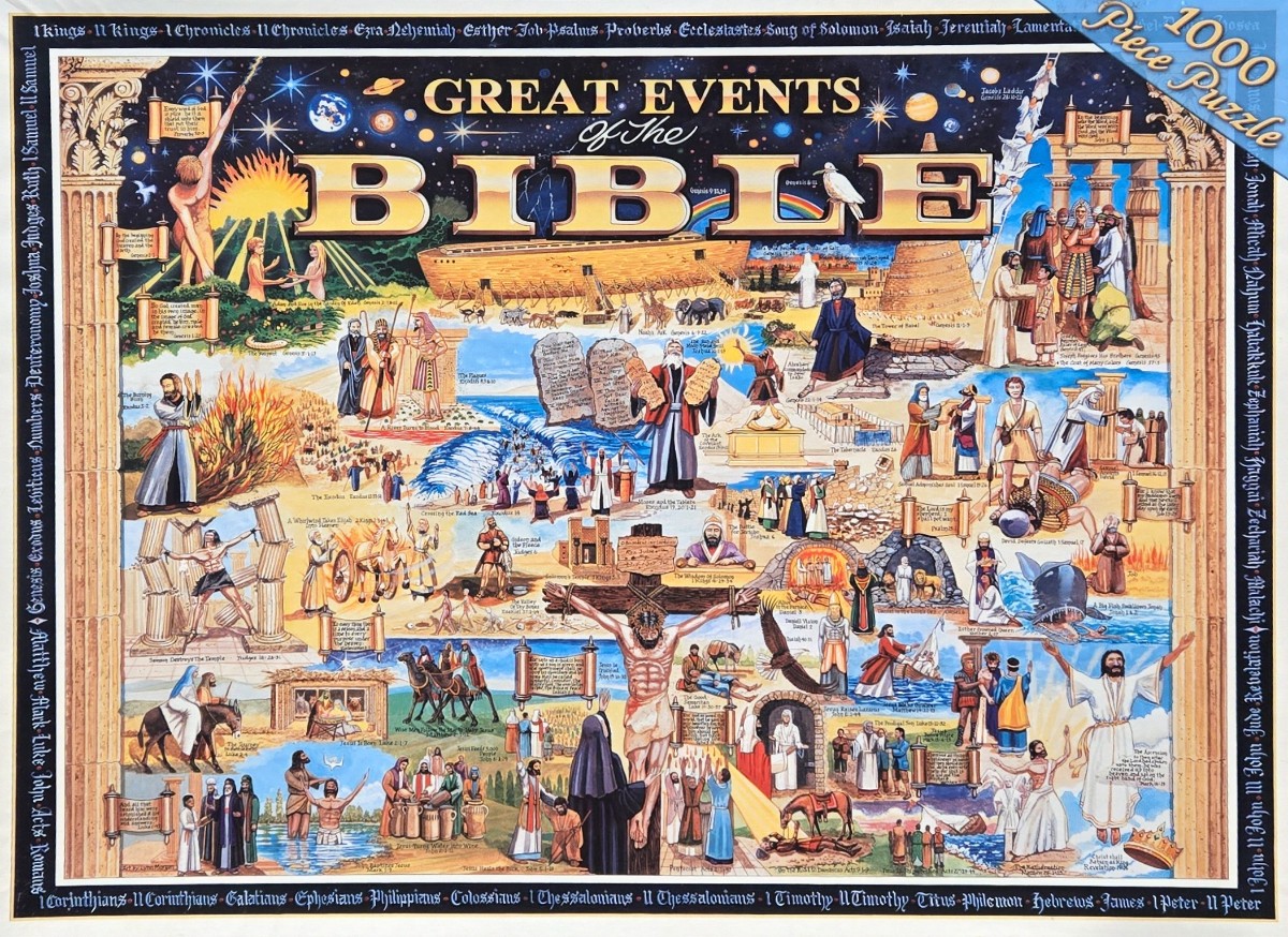A montage of various biblical scenes arranged as a collage under the text 'Great Events of the Bible'.