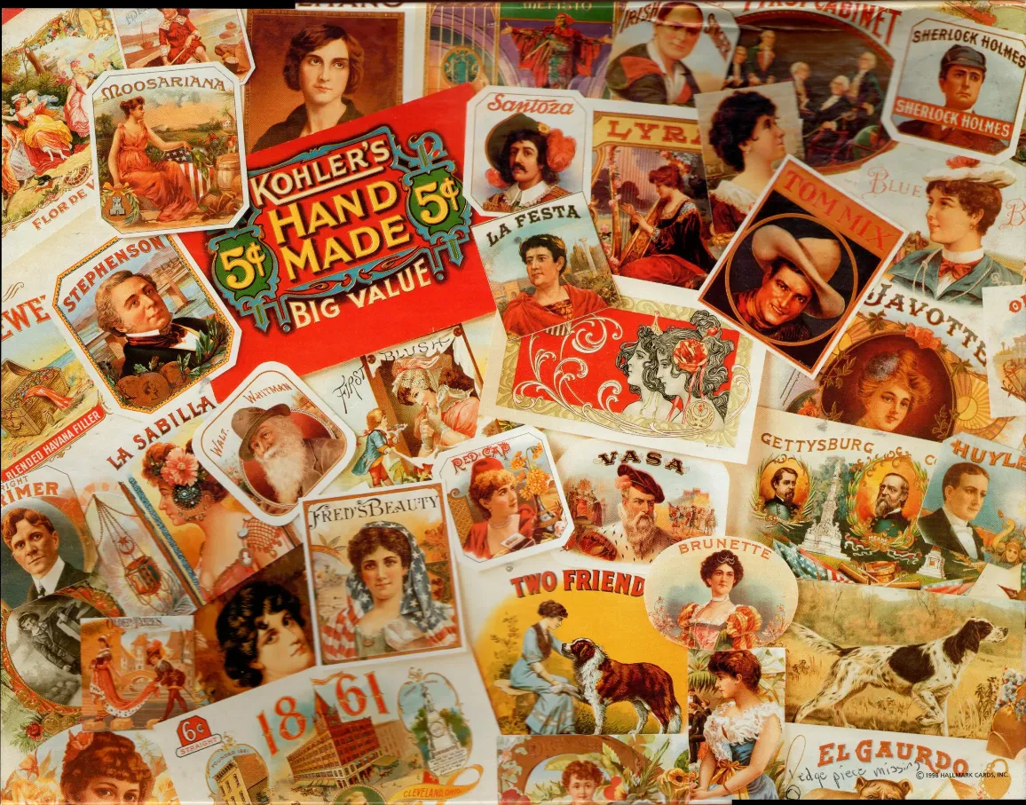 A collage of vintage cigar box labels featuring portraits of historical figures, women in period dress, and text.