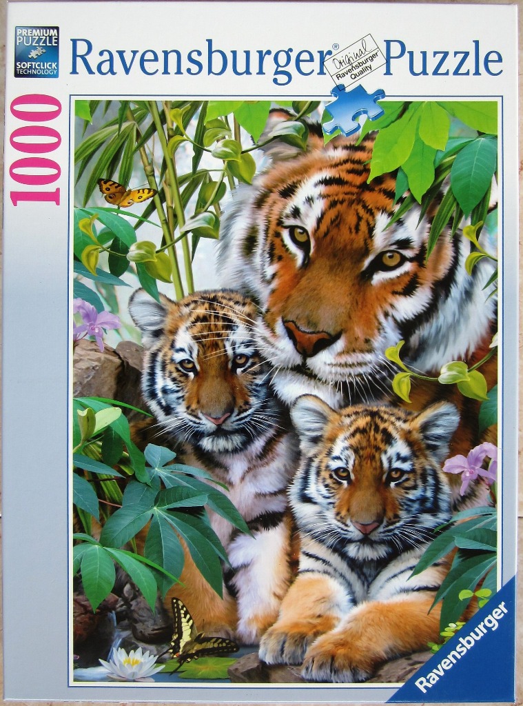 A detailed illustration of a mother tiger and two cubs in a lush jungle setting with butterflies.