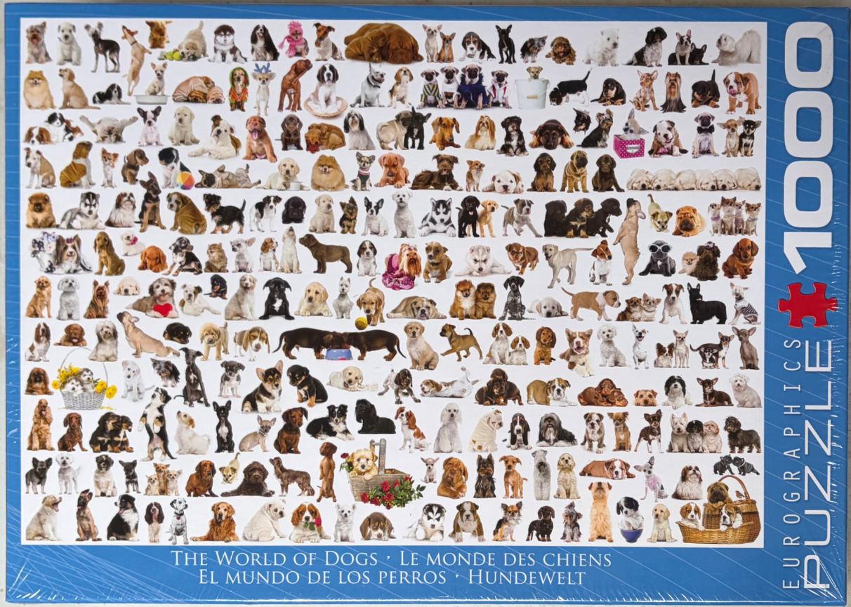 A montage of dozens of different dog breeds and puppies arranged against a solid white background.