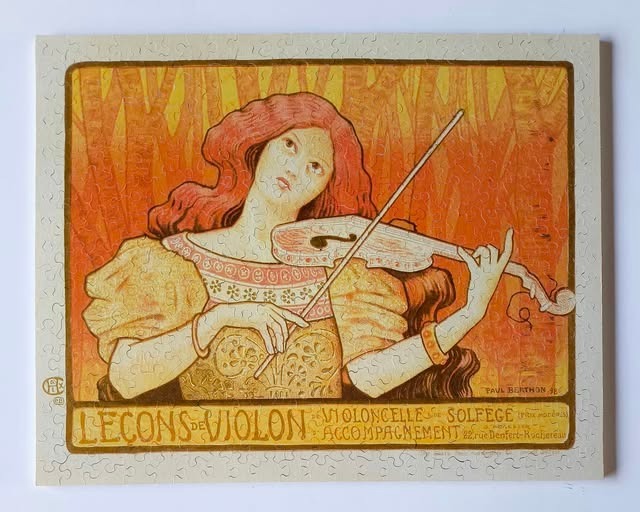 Art Nouveau illustration of a woman playing a violin against a warm, orange-toned background.