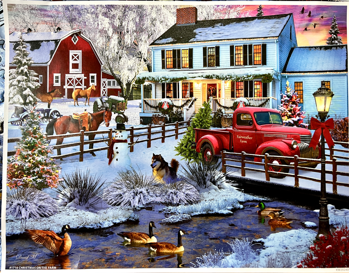 A festive winter farm scene featuring a red barn, a house, a vintage truck, horses, and ducks on a pond.