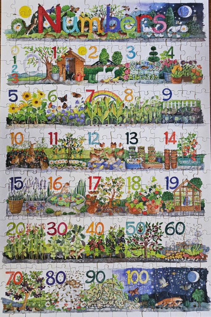 A whimsical educational garden illustration featuring numbers and nature scenes.
