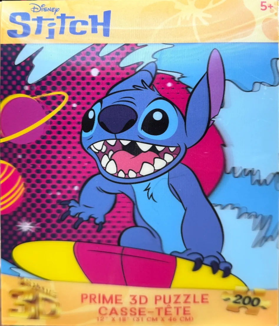 Stitch surfing in space against a pop-art background