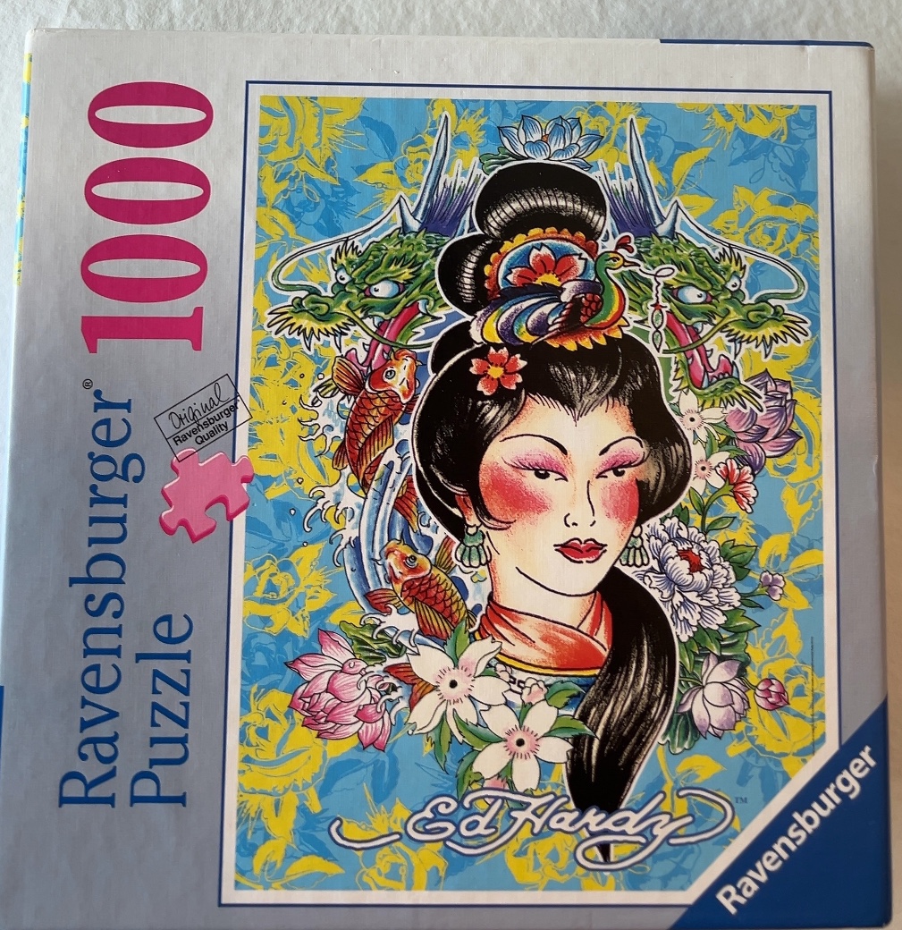 Illustration of a woman with black hair, green dragons, koi fish, and flowers in a traditional tattoo art style.