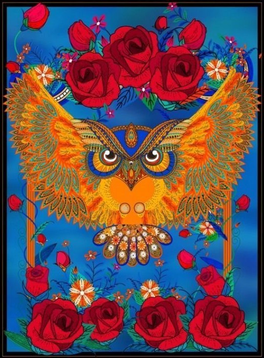 An ornate owl with spread wings surrounded by red roses and small flowers against a blue background.