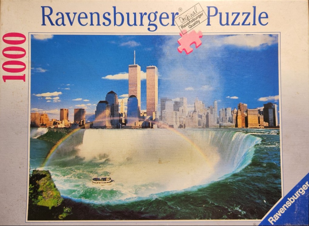 A composite image featuring the New York City skyline with the Twin Towers behind Niagara Falls.