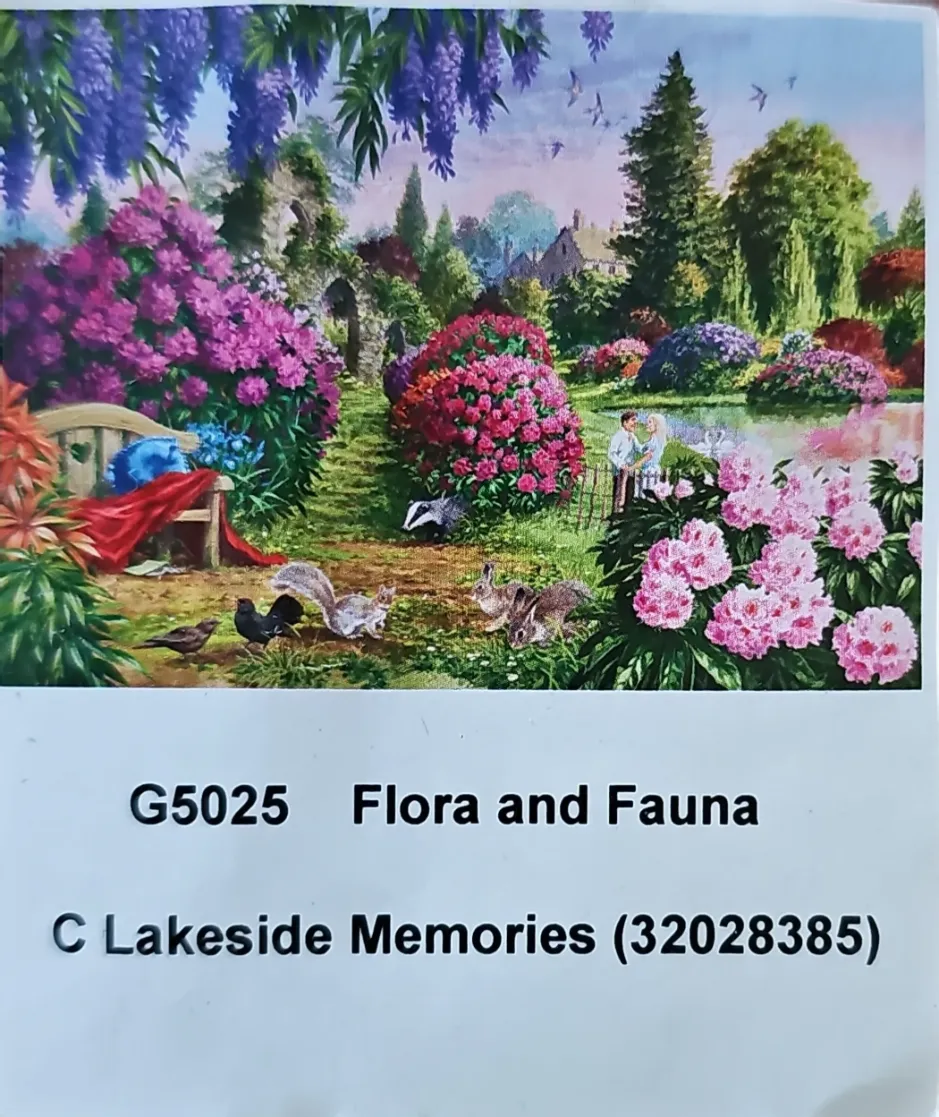 A lush, colorful garden scene with a couple, various wildlife, and stone ruins.