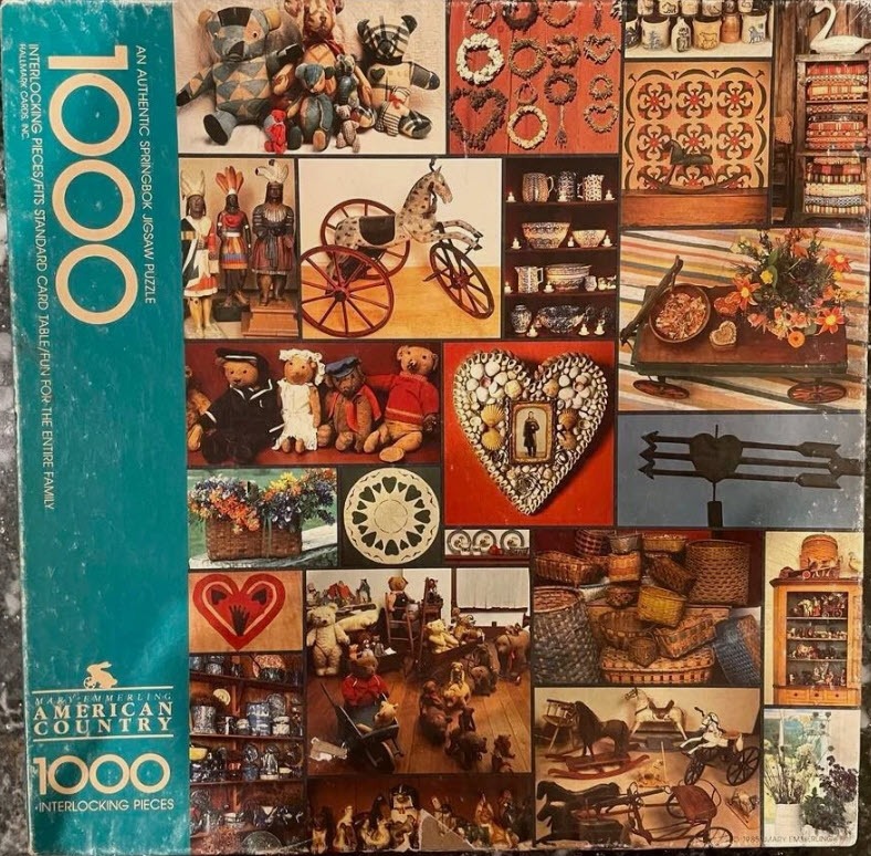 A collage of various American country folk art, antique toys, and rustic home decor items.