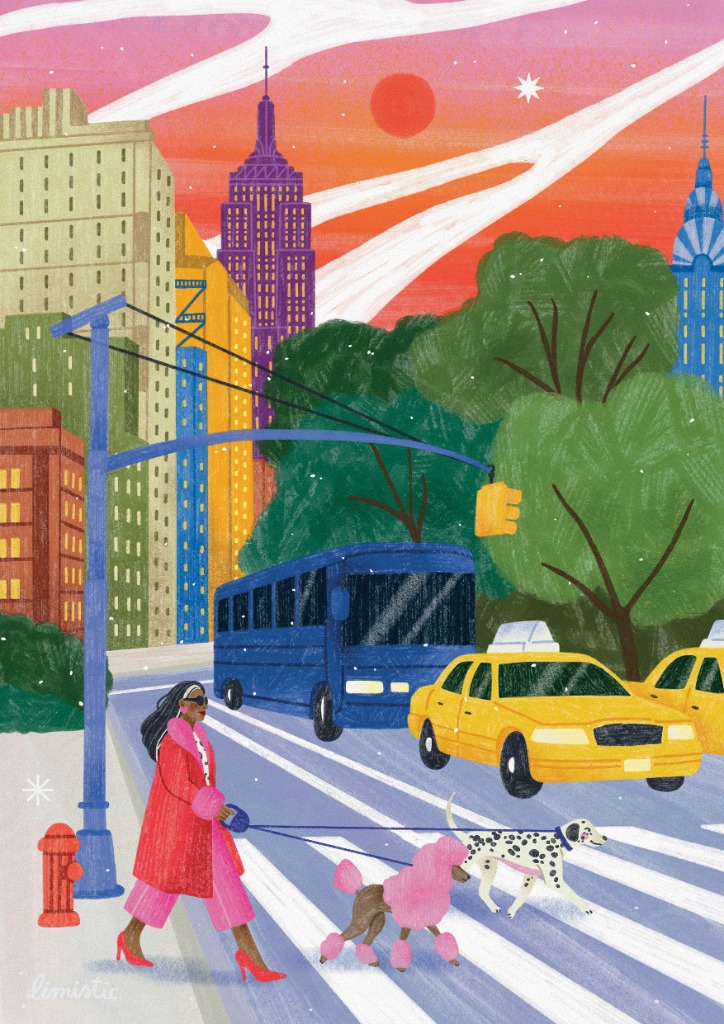 A stylish woman walks a pink poodle and a dalmatian across a city street with skyscrapers in the background at sunset.