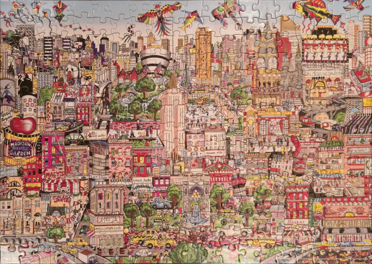 A whimsical, detailed illustration of a bustling New York City street scene filled with famous landmarks and people.