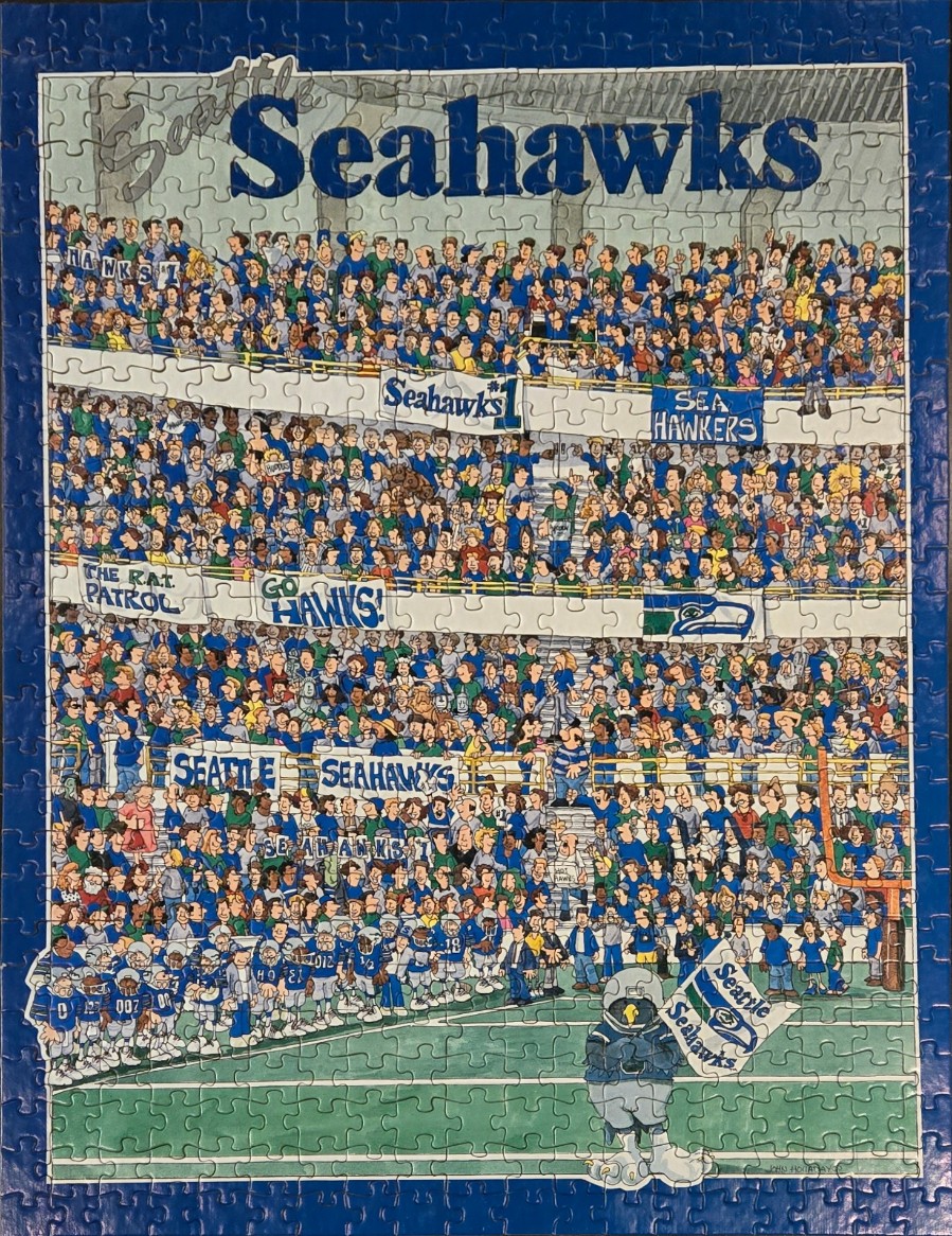 Cartoon illustration of a crowded football stadium cheering for the Seattle Seahawks.