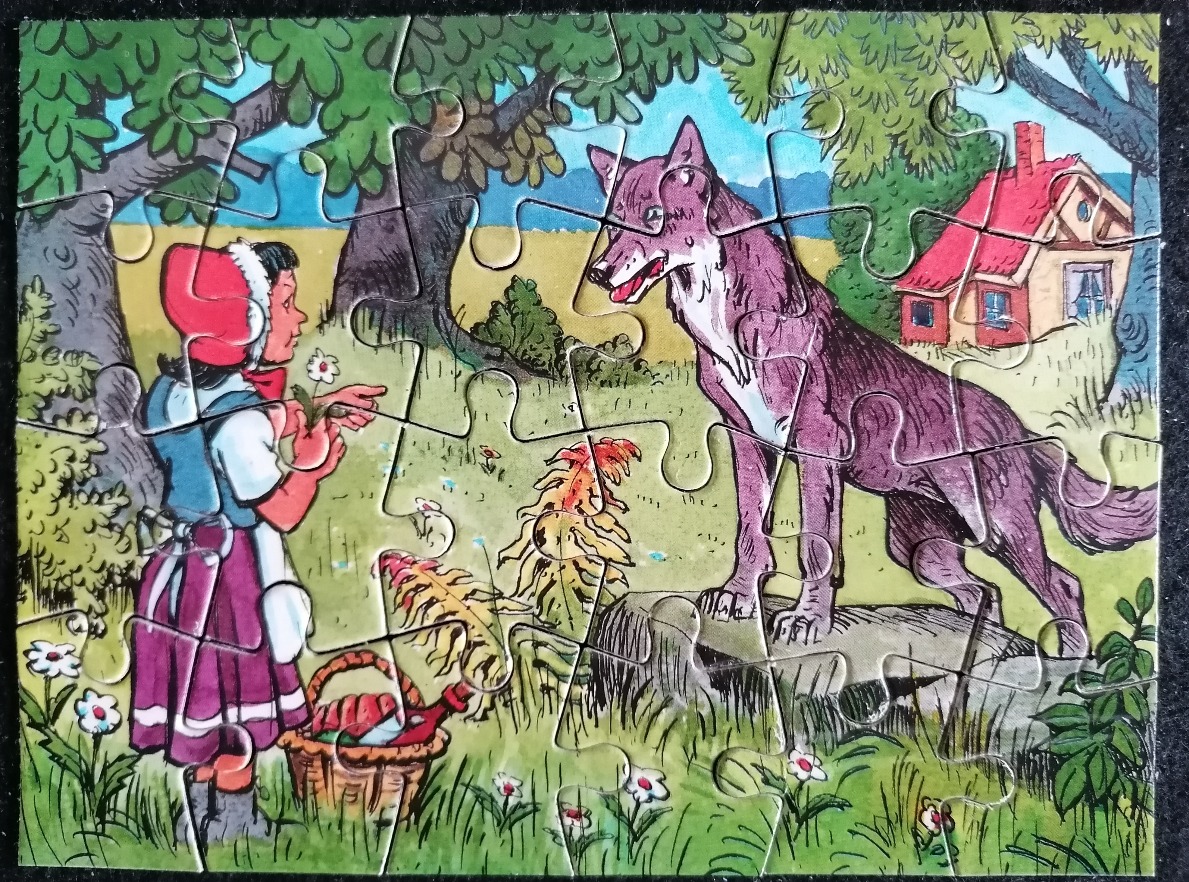 A vintage illustration of Little Red Riding Hood standing in a meadow talking to a large wolf near a cottage.