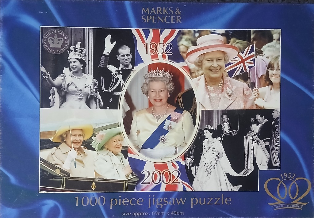Collage of Queen Elizabeth II featuring various moments from her reign on a blue background.
