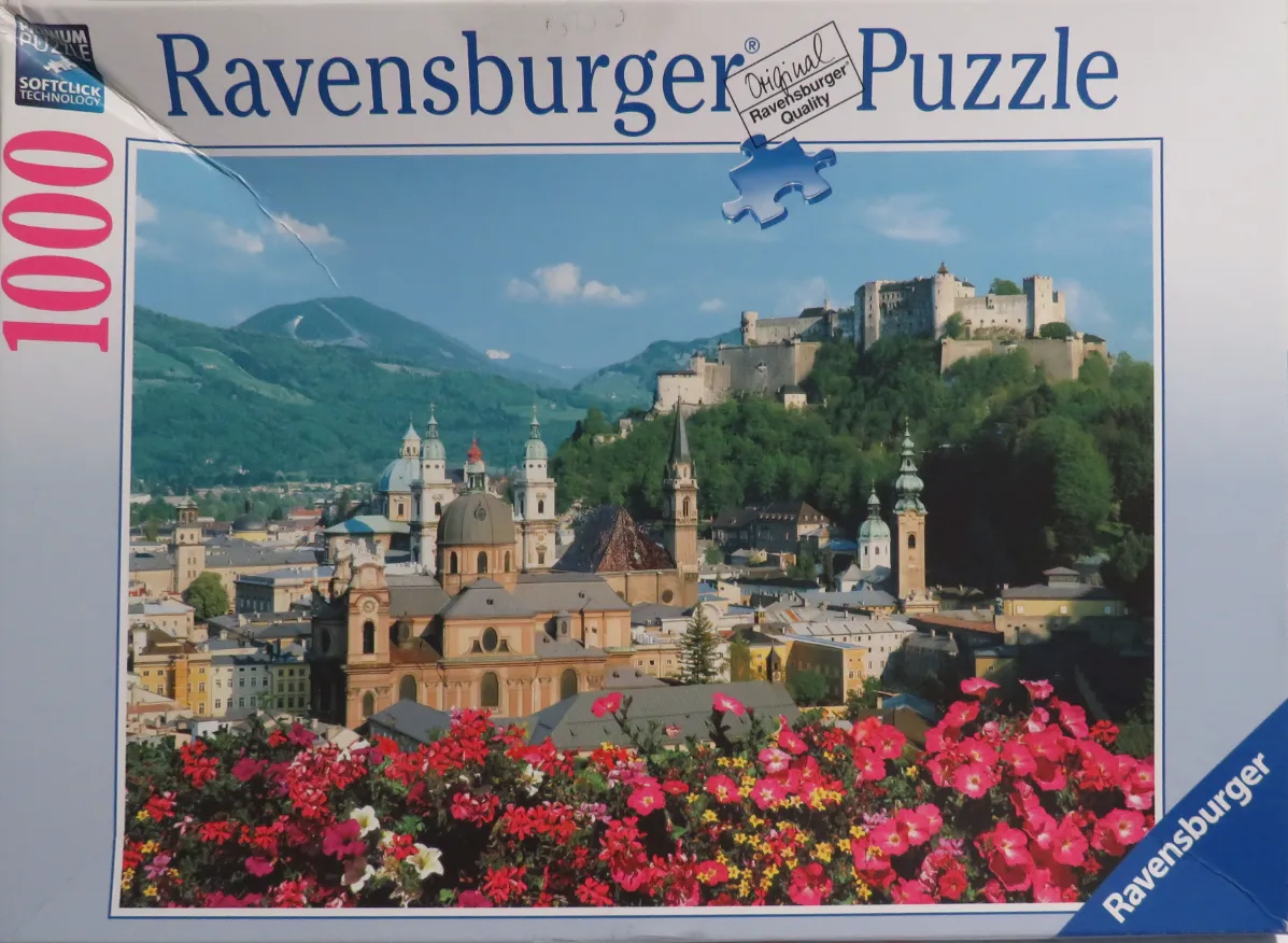 A scenic view of the Salzburg skyline with a fortress on a hill, framed by vibrant red flowers in the foreground.