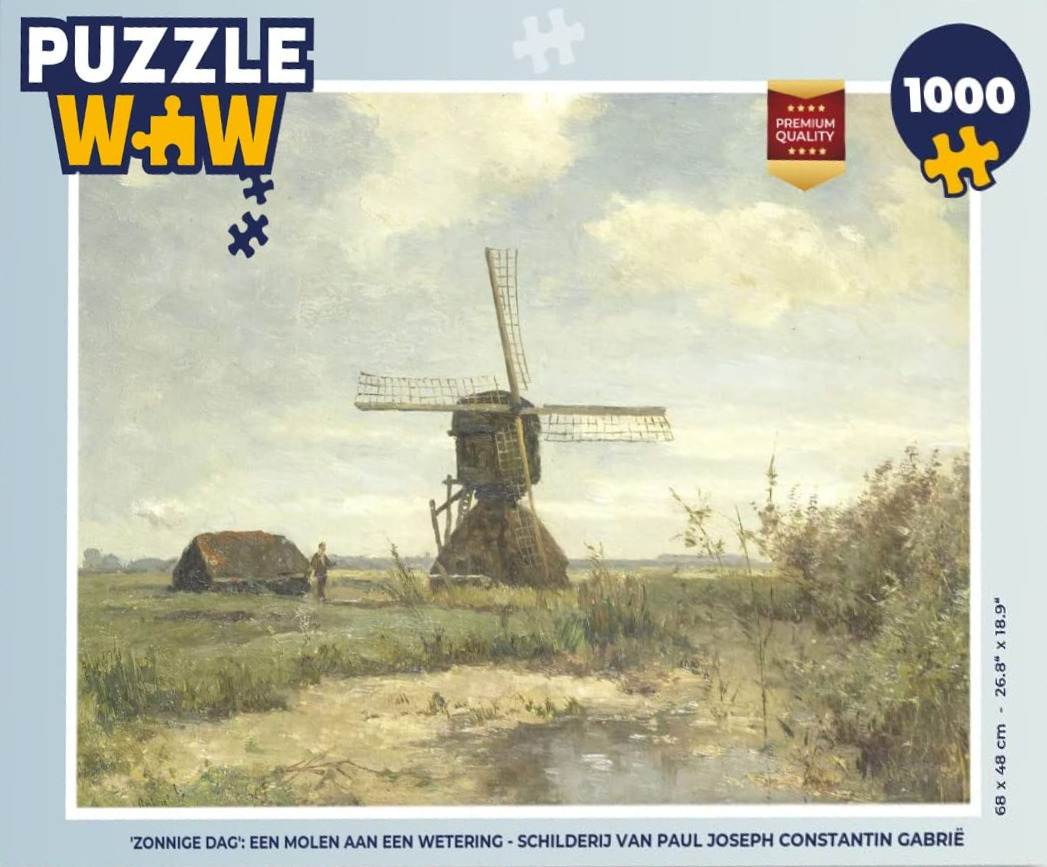 An oil painting of a Dutch windmill standing in a marshy meadow under a cloudy sky.