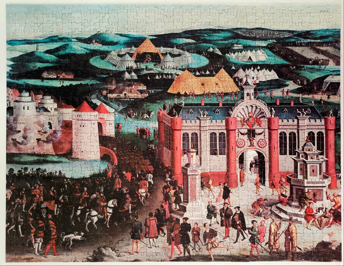 Historical painting depicting a Renaissance-era castle, a grand manor, and a vast military encampment.