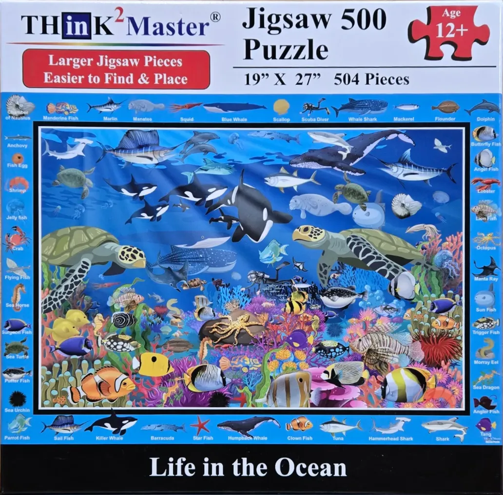 A vibrant underwater scene featuring a wide variety of sea life, including sea turtles, whales, and colorful coral reefs.