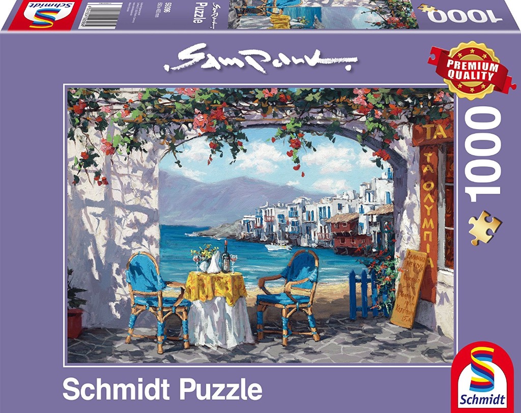 An oil painting of a seaside Greek cafe terrace looking out over a blue bay and white coastal village.
