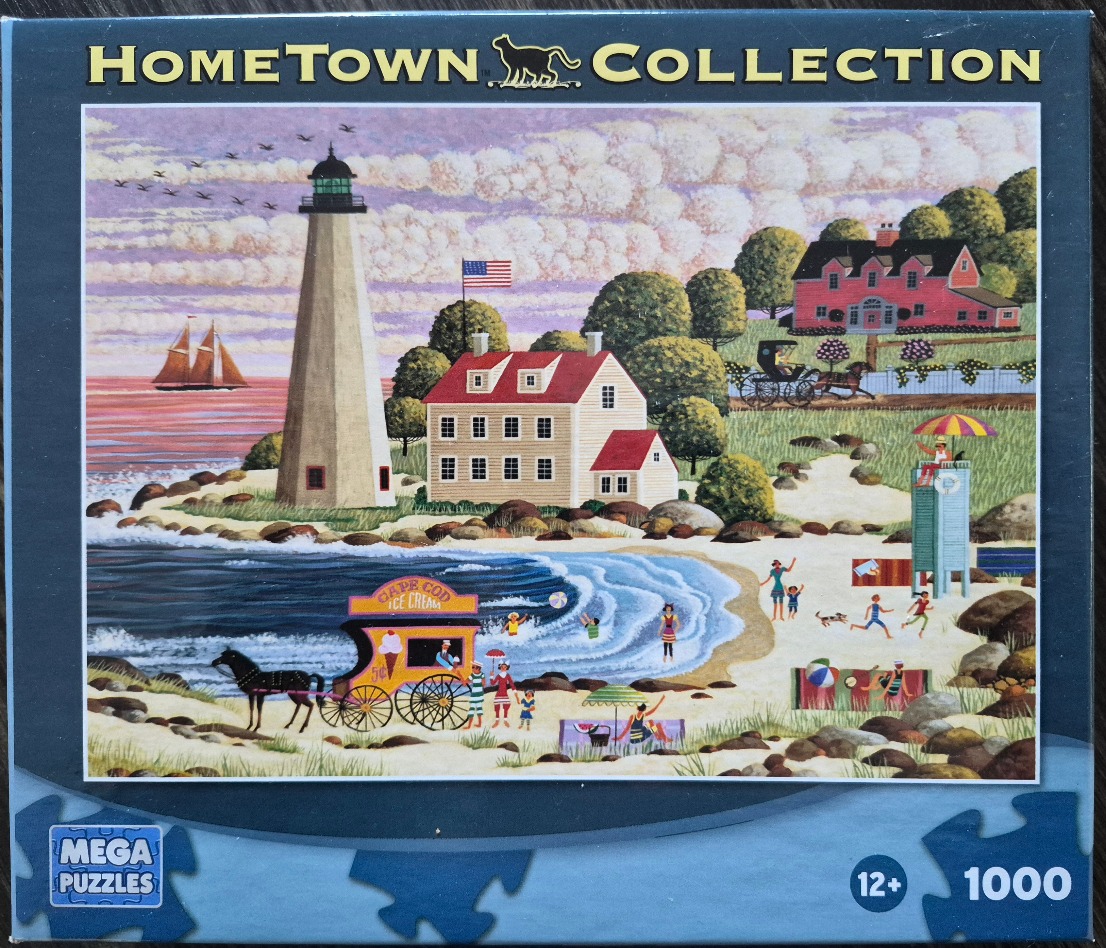 A nostalgic folk art scene featuring a lighthouse, beachgoers, and a horse-drawn ice cream wagon on the coast.