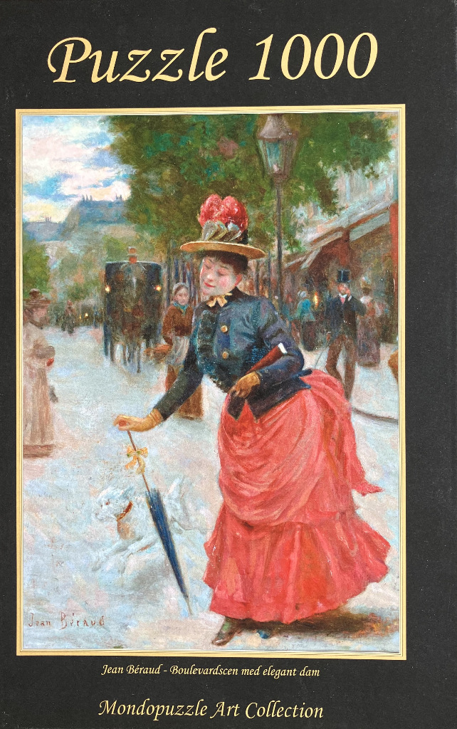 An impressionist painting of a well-dressed woman walking a small white dog on a busy Parisian boulevard.