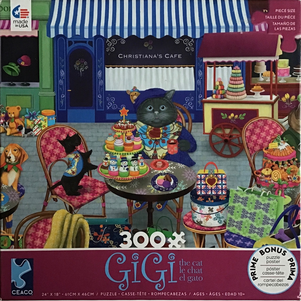 A whimsical illustration of a gray cat in a cafe with other animal companions, cupcakes, and cafe accessories.