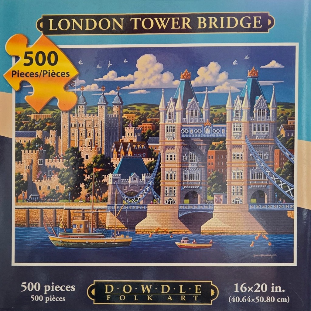 Folk art painting of London Tower Bridge and the Tower of London over the river Thames.