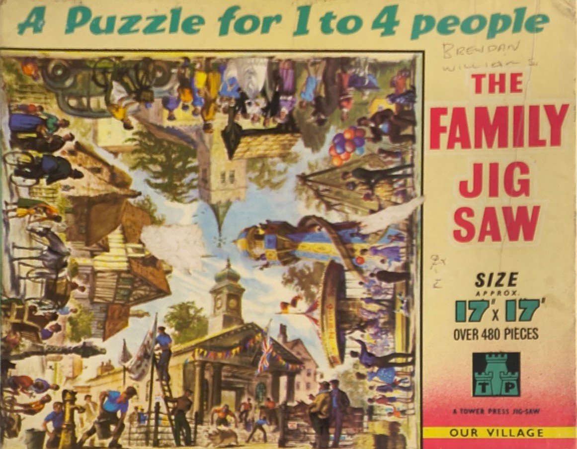 A whimsical illustration of a busy English village square oriented in four directions around a central church steeple.