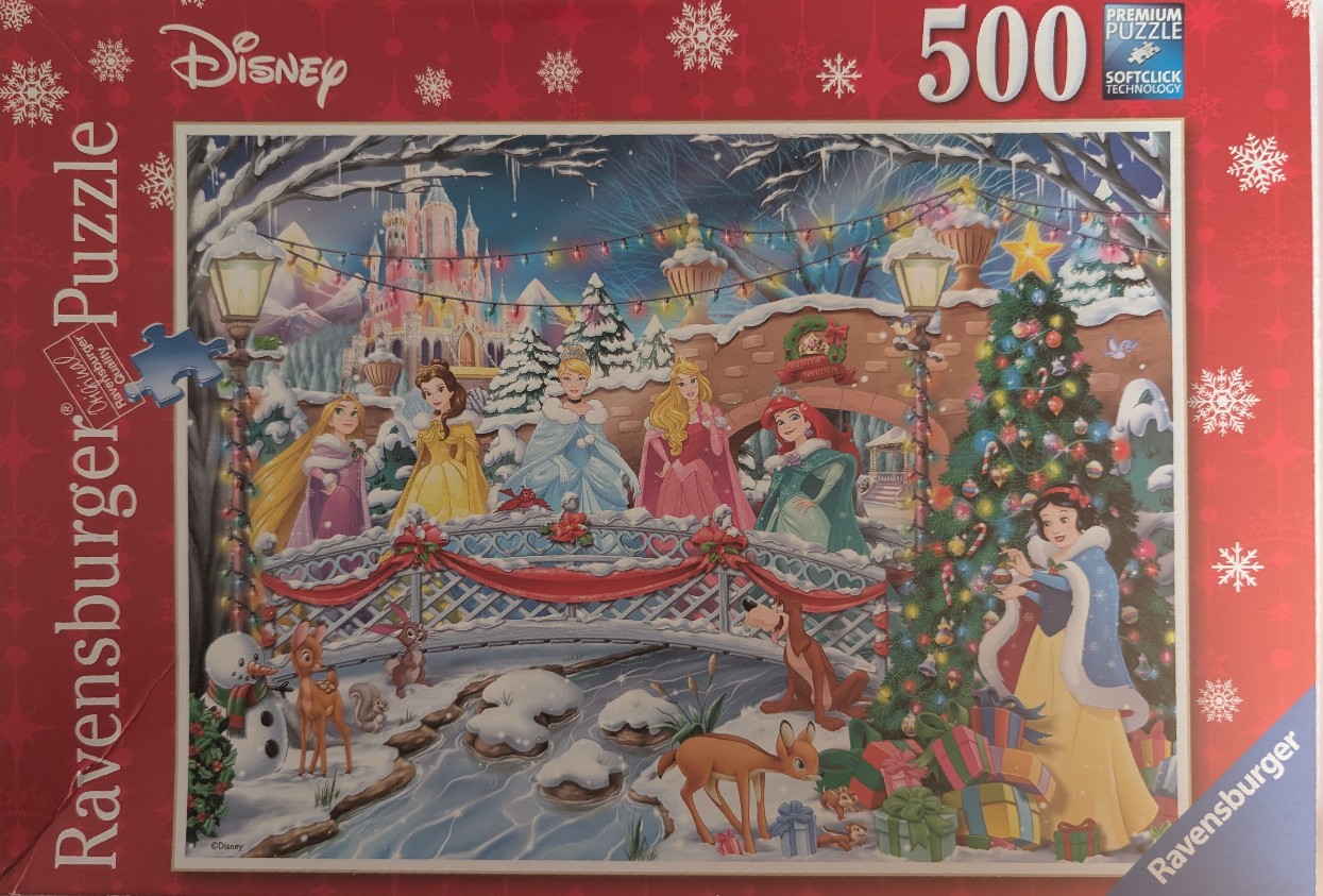 Illustration of Disney princesses gathered in a snowy Christmas garden scene with a bridge and a decorated tree.