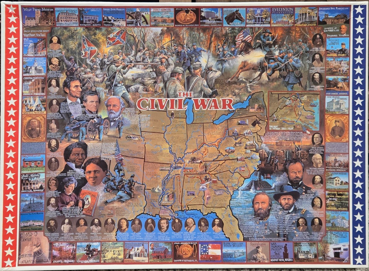 A collage illustration depicting American Civil War battle scenes, portraits, maps, and historical sites.