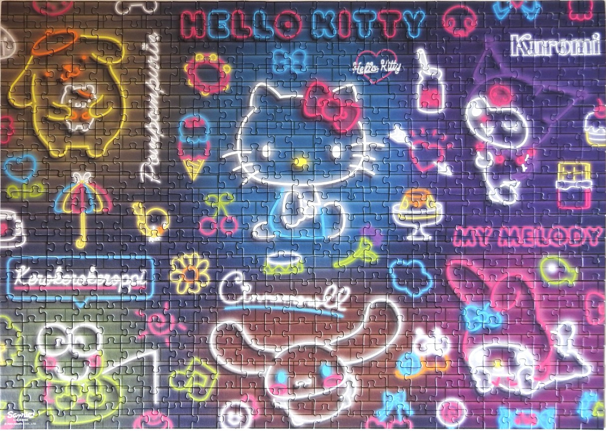 A neon-style illustration featuring Hello Kitty and friends against a dark brick wall background.