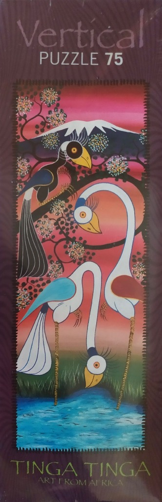 Stylized Tinga Tinga painting of three exotic birds against a sunset landscape with Mount Kilimanjaro in the background.