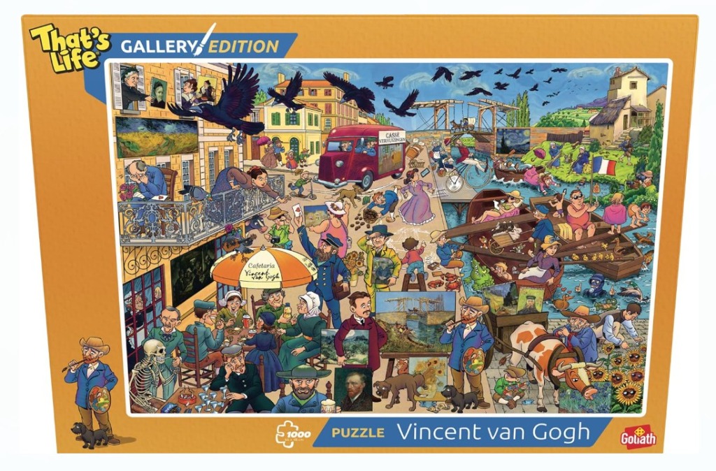 A busy cartoon illustration featuring Van Gogh themes, characters, and iconic paintings in a bustling town setting.