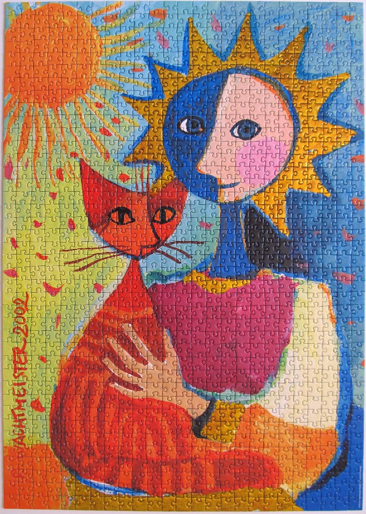 Stylized painting of a sun-faced figure holding a bright orange cat against a blue and yellow background.
