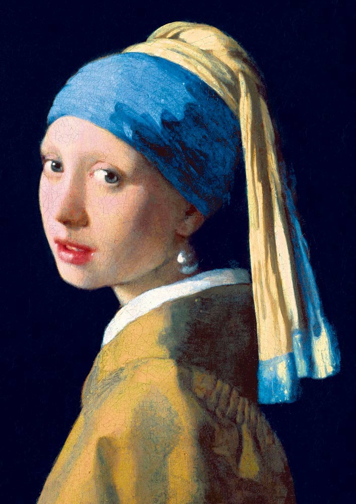 A young woman with a blue and yellow headscarf looking over her shoulder wearing a large pearl earring.